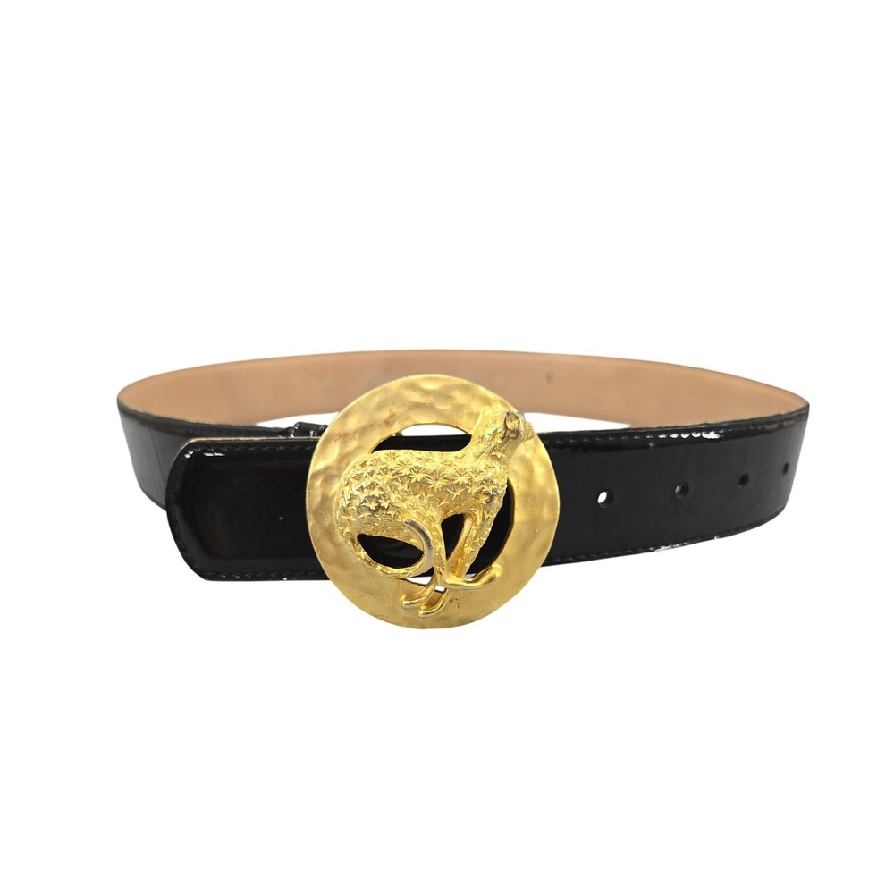 Gail Labelle Vintage Black Patent Leather Belt Gold Cheetah Buckle Medium USA
